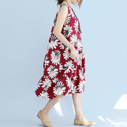 Red Linen Dresses Oversize Traveling Dress Fine Sleeveless Cotton Dresses