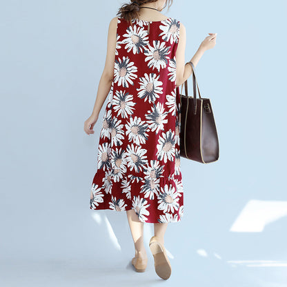 Red Linen Dresses Oversize Traveling Dress Fine Sleeveless Cotton Dresses