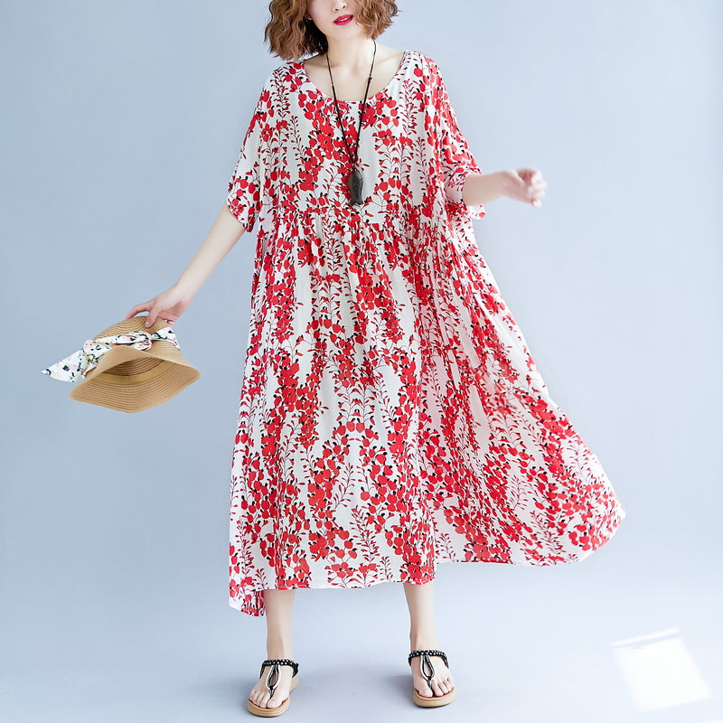 Red Linen Maxi Dress Oversize Short Sleeve Print Long Cotton Dresses Fine O Neck Traveling Clothing