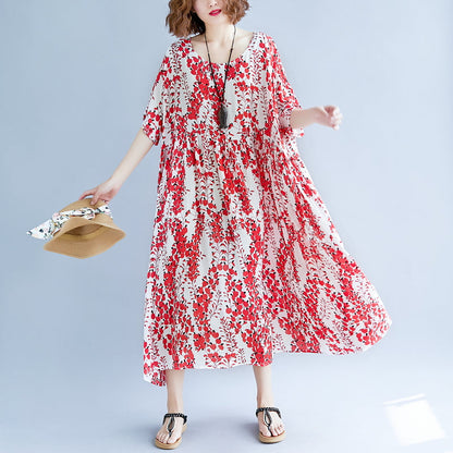 Red Linen Maxi Dress Oversize Short Sleeve Print Long Cotton Dresses Fine O Neck Traveling Clothing