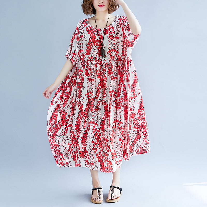 Red Linen Maxi Dress Oversize Short Sleeve Print Long Cotton Dresses Fine O Neck Traveling Clothing
