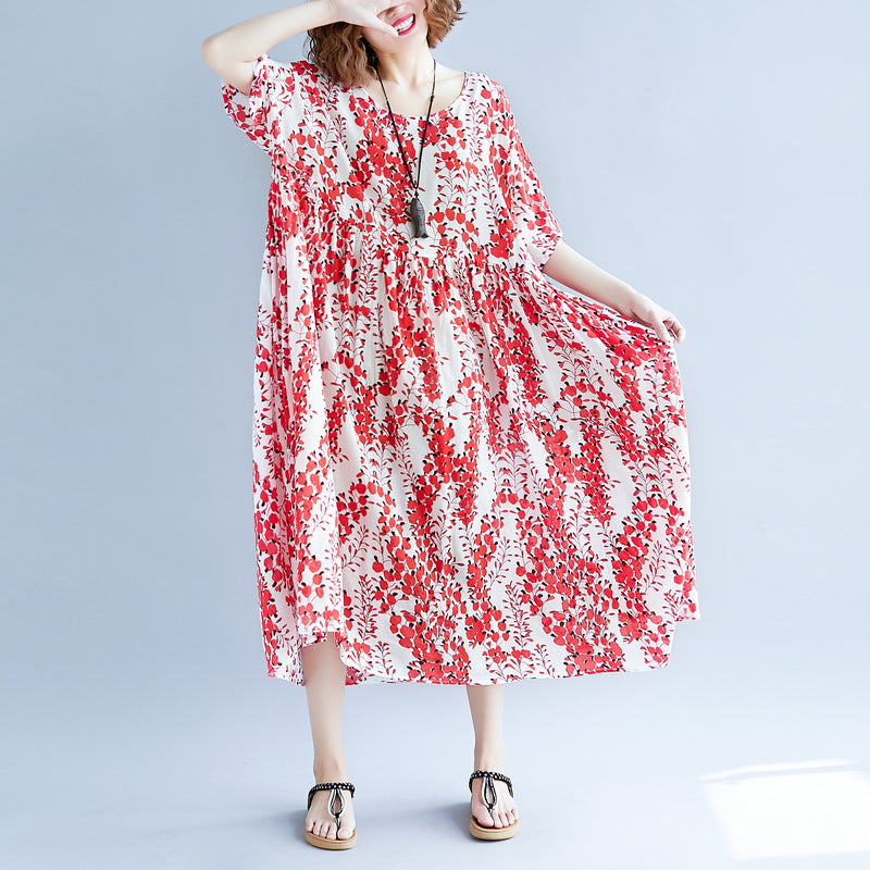 Red Linen Maxi Dress Oversize Short Sleeve Print Long Cotton Dresses Fine O Neck Traveling Clothing