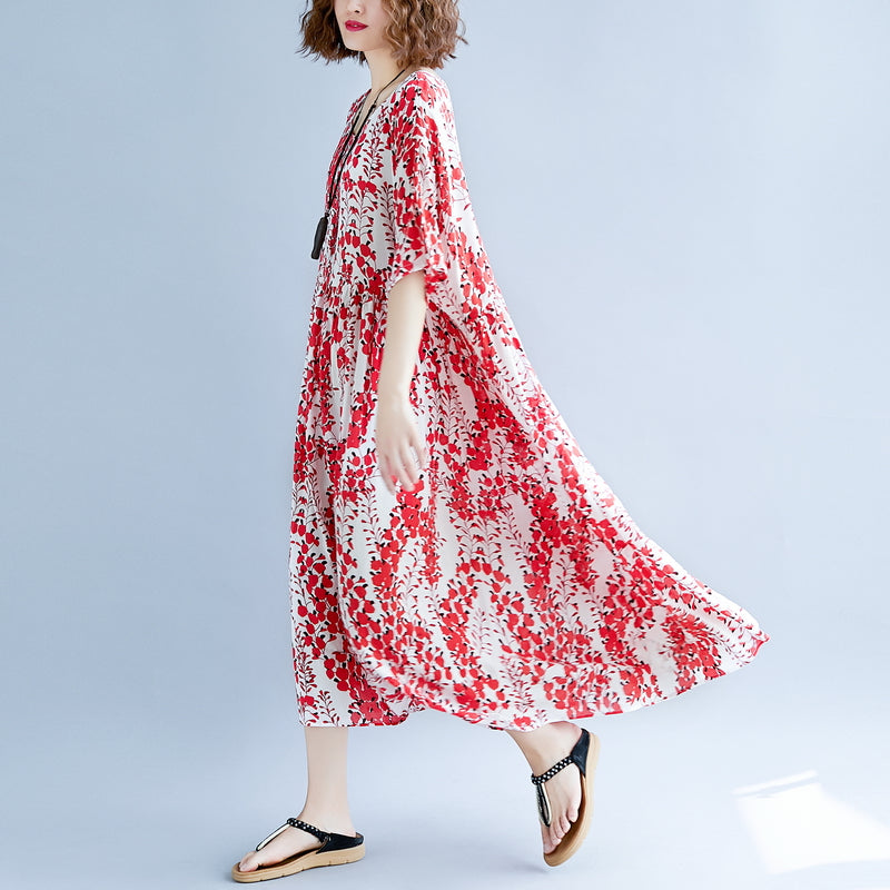 Red Linen Maxi Dress Oversize Short Sleeve Print Long Cotton Dresses Fine O Neck Traveling Clothing
