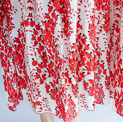 Red Linen Maxi Dress Oversize Short Sleeve Print Long Cotton Dresses Fine O Neck Traveling Clothing