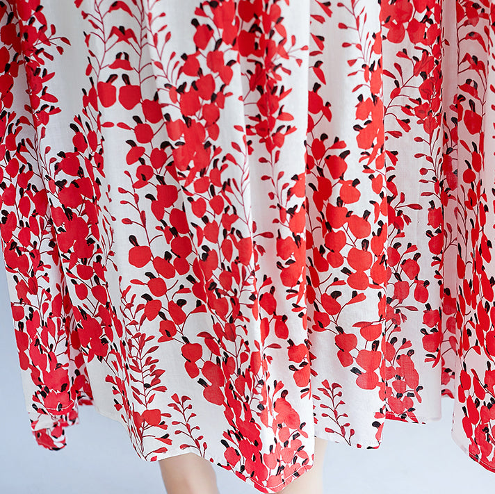 Red Linen Maxi Dress Oversize Short Sleeve Print Long Cotton Dresses Fine O Neck Traveling Clothing