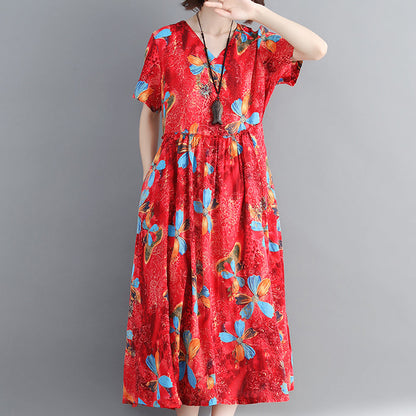 Red Long Cotton Linen Dress Print Cinched Long Cotton Dresses Fine Drawstring V Neck Cotton Linen Clothing Dress