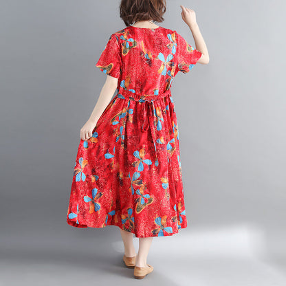 Red Long Cotton Linen Dress Print Cinched Long Cotton Dresses Fine Drawstring V Neck Cotton Linen Clothing Dress