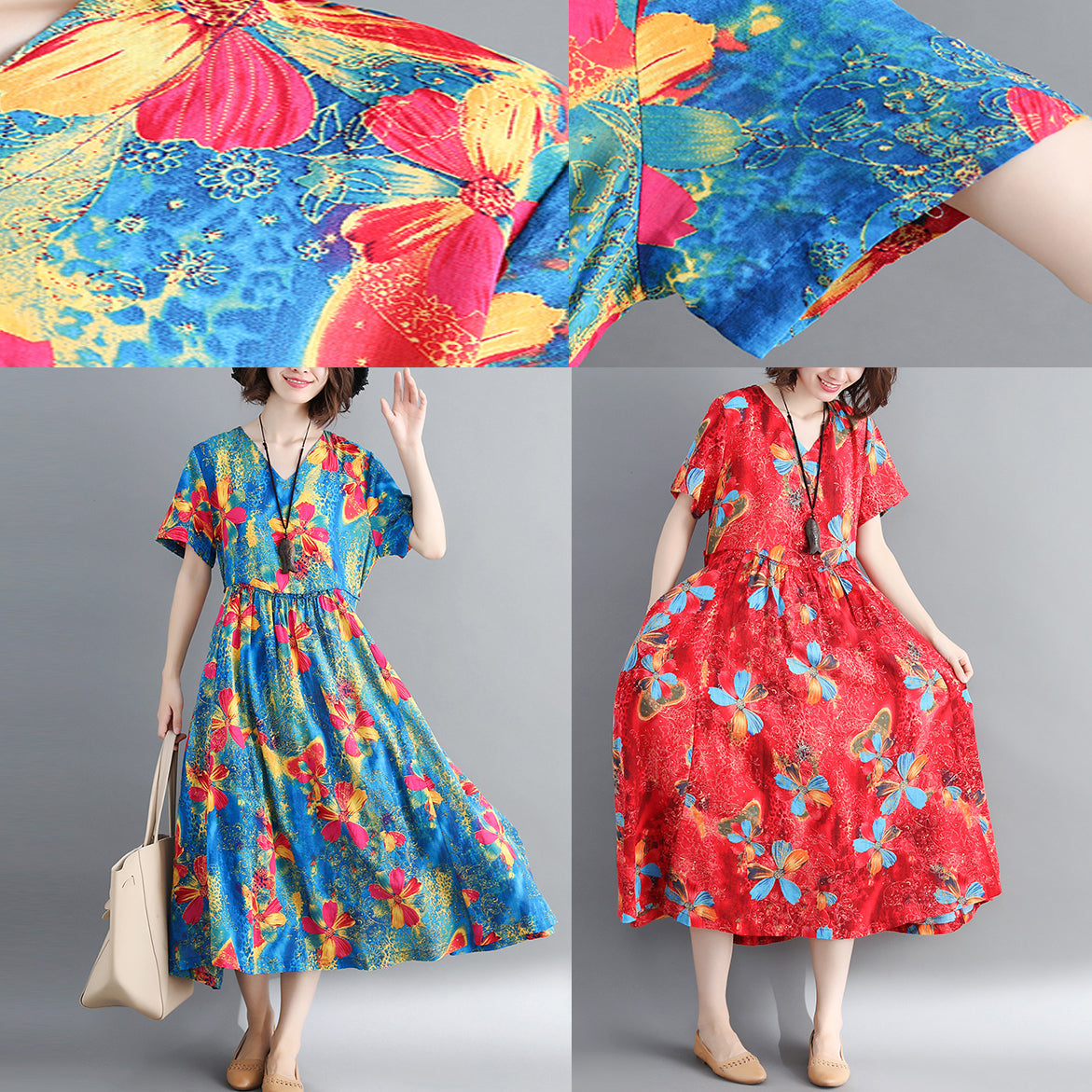 Red Long Cotton Linen Dress Print Cinched Long Cotton Dresses Fine Drawstring V Neck Cotton Linen Clothing Dress