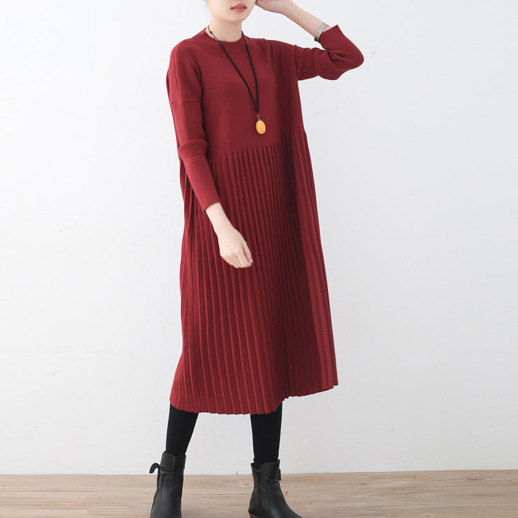 Red Long Sweaters Oversized O Neck Sweater Fine Cinched Fall Dresses