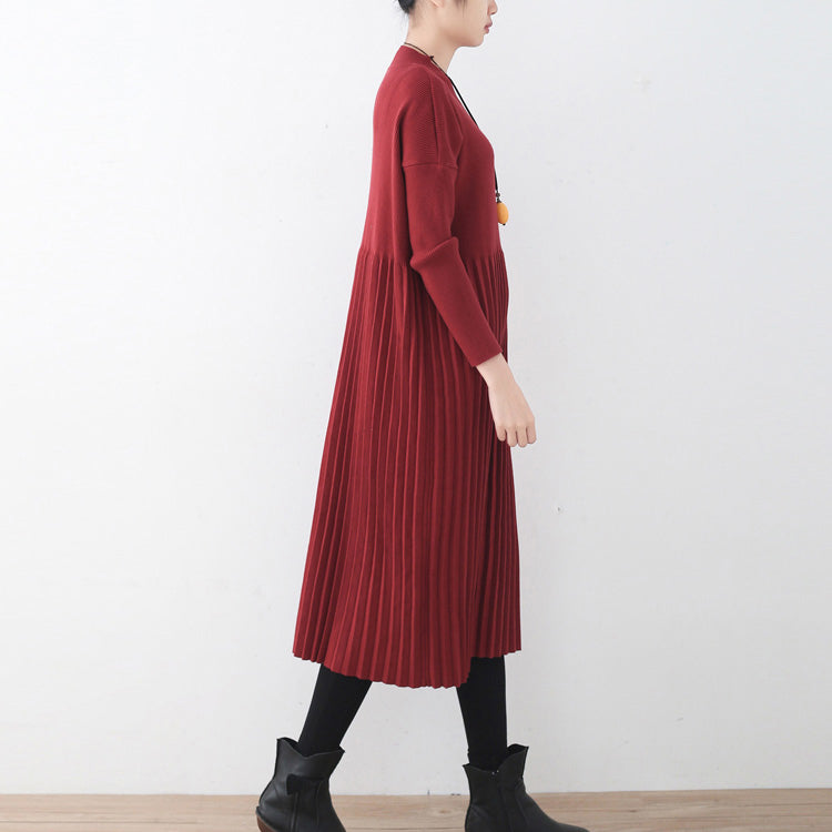 Red Long Sweaters Oversized O Neck Sweater Fine Cinched Fall Dresses