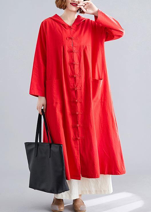 Red Overcoat Hooded Coats Pockets Chinese Button Coats