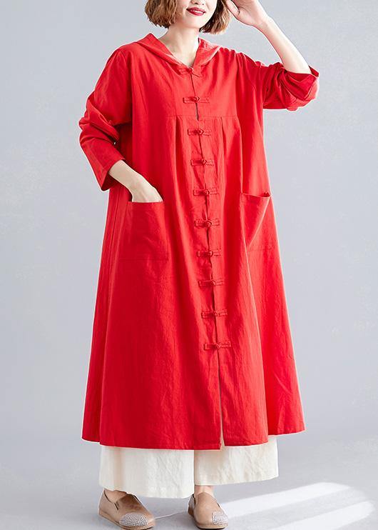 Red Overcoat Hooded Coats Pockets Chinese Button Coats