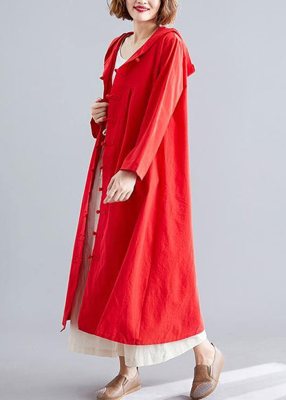 Red Overcoat Hooded Coats Pockets Chinese Button Coats