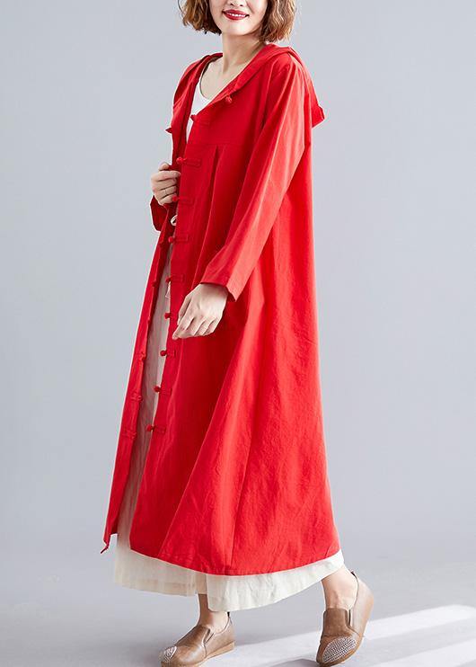 Red Overcoat Hooded Coats Pockets Chinese Button Coats