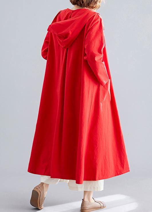 Red Overcoat Hooded Coats Pockets Chinese Button Coats