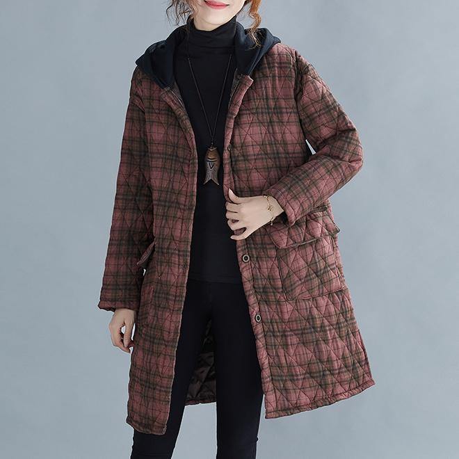 Red Plaid Coat Coats Hooded Pockets Overcoat