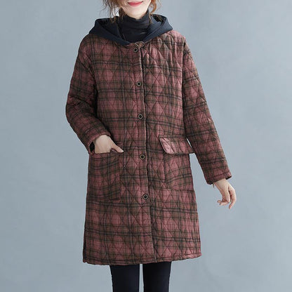 Red Plaid Coat Coats Hooded Pockets Overcoat