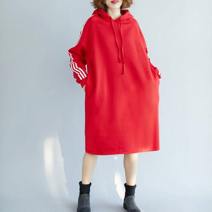 Red Spring Dress Cotton Oversize Holiday Dresses Warm Thick Hooded