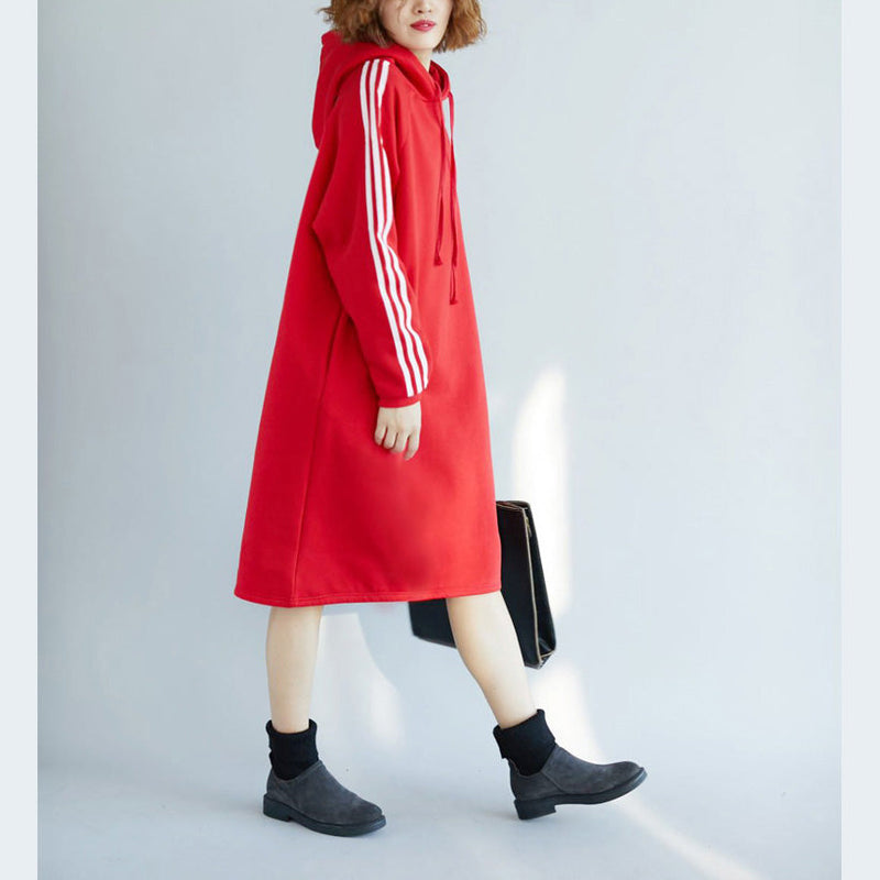 Red Spring Dress Cotton Oversize Holiday Dresses Warm Thick Hooded