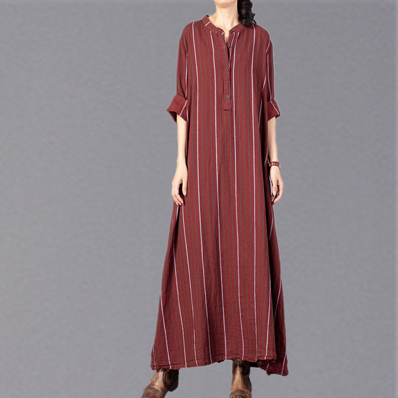 Red Striped Stand Collar Gown Baggy Pockets Maxi Dresses
