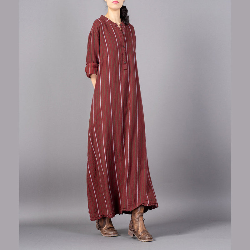 Red Striped Stand Collar Gown Baggy Pockets Maxi Dresses