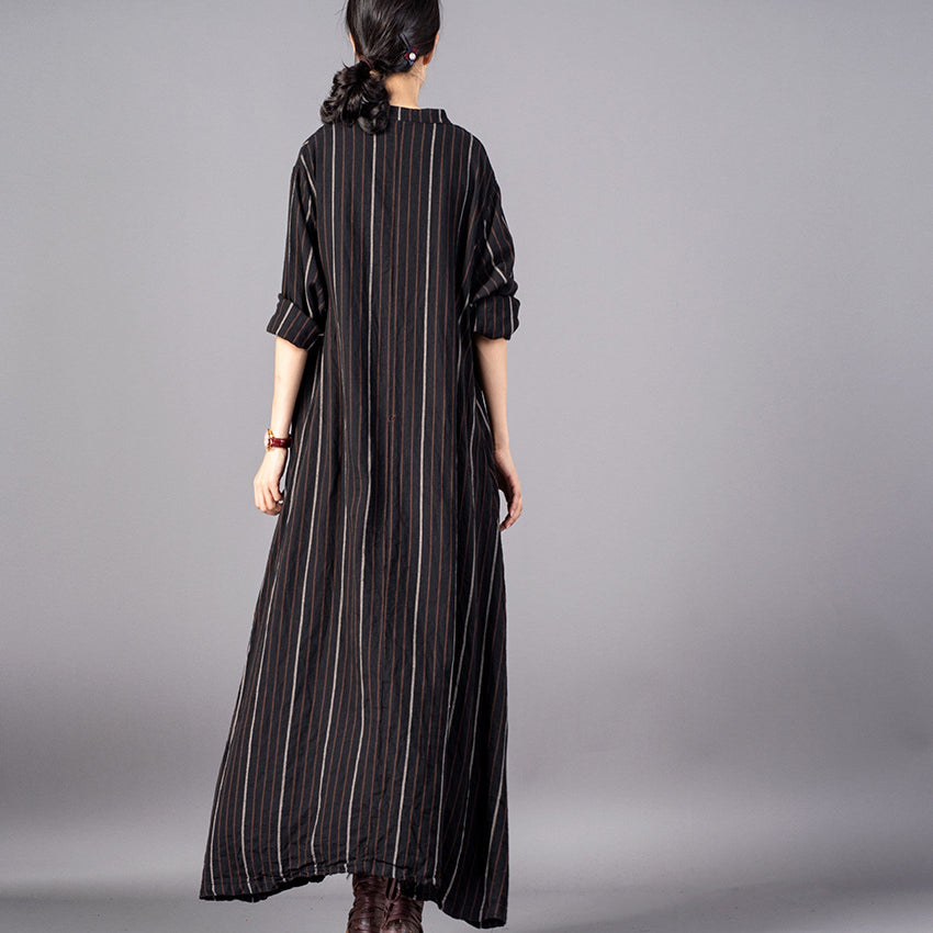 Red Striped Stand Collar Gown Baggy Pockets Maxi Dresses