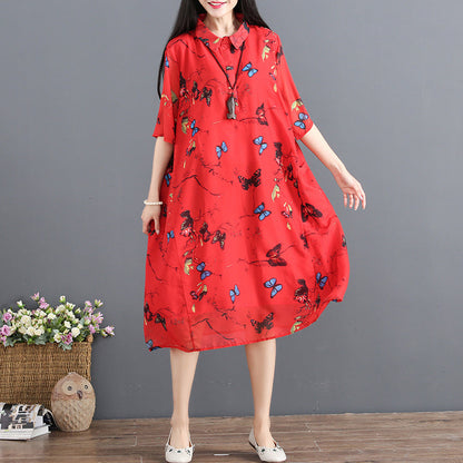 Red Summer Dress Turn Down Collar Half Sleeve Cocktail Dress Print Baggy Dresses Chiffon Sundress