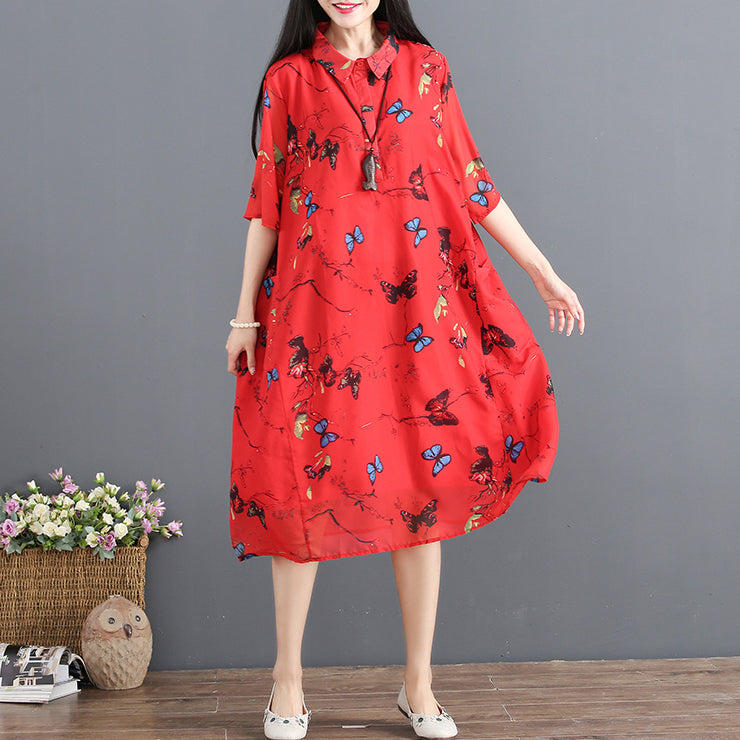 Red Summer Dress Turn Down Collar Half Sleeve Cocktail Dress Print Baggy Dresses Chiffon Sundress