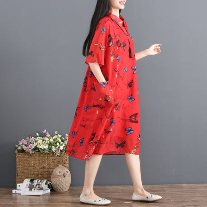 Red Summer Dress Turn Down Collar Half Sleeve Cocktail Dress Print Baggy Dresses Chiffon Sundress