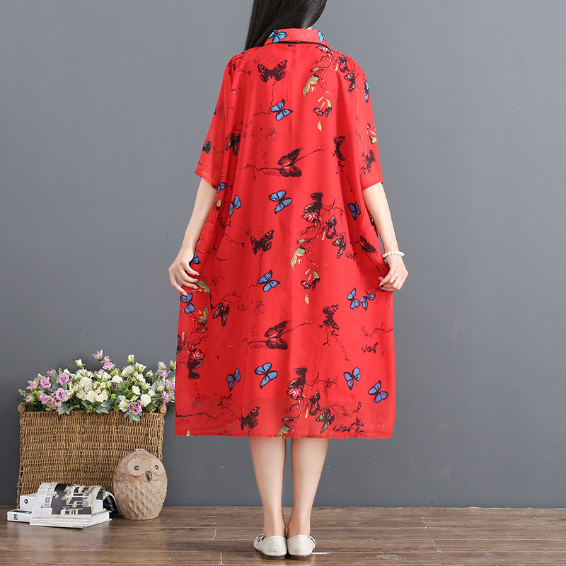 Red Summer Dress Turn Down Collar Half Sleeve Cocktail Dress Print Baggy Dresses Chiffon Sundress