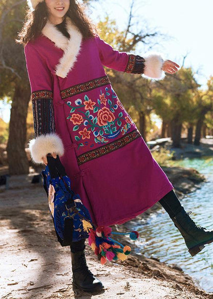 Red Winter Outwear Loose Fitting Snow Jackets Embroidery Faux Fur Collar Winter Outwear