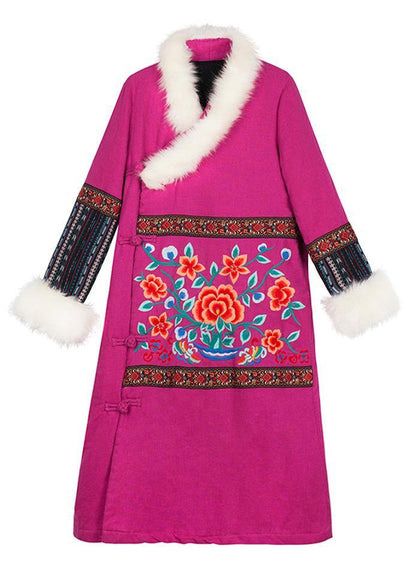 Red Winter Outwear Loose Fitting Snow Jackets Embroidery Faux Fur Collar Winter Outwear