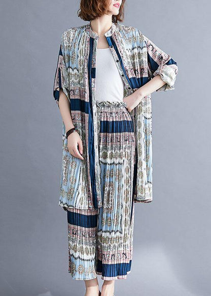 Stand Collar Two Pieces Light Gray Prints Tops and Pleated Wide Leg Pants