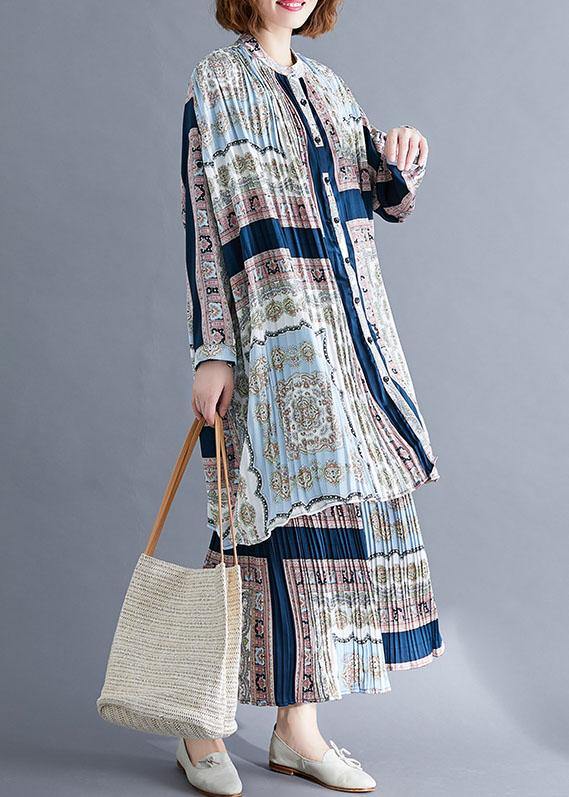 Stand Collar Two Pieces Light Gray Prints Tops and Pleated Wide Leg Pants