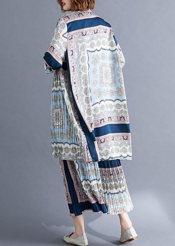 Stand Collar Two Pieces Light Gray Prints Tops and Pleated Wide Leg Pants
