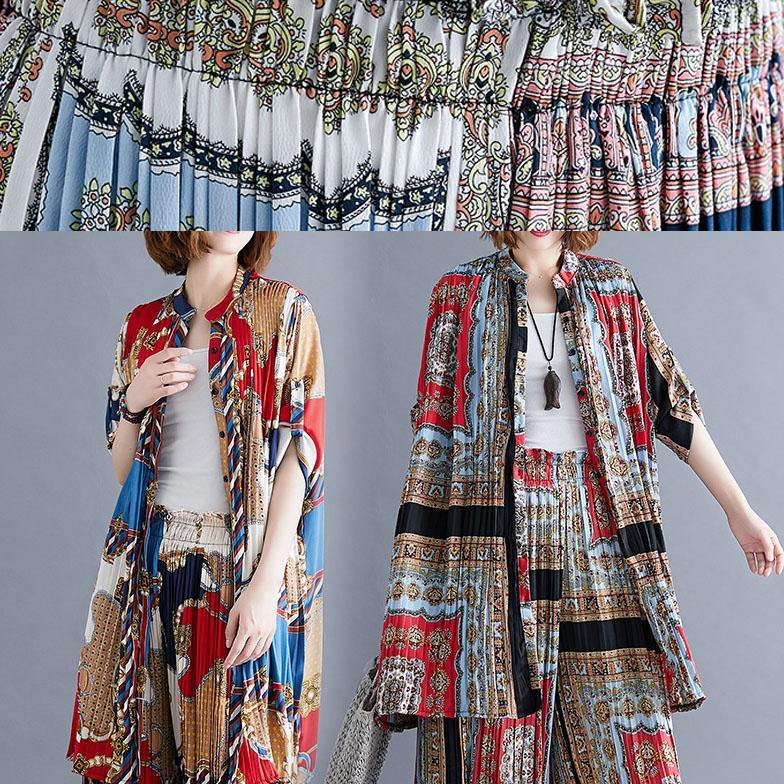 Stand Collar Two Pieces Light Gray Prints Tops and Pleated Wide Leg Pants