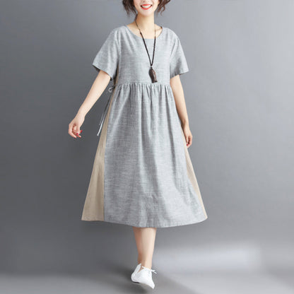 Striped Midi Cotton Linen Dresses Traveling Dress Short Sleeve Tie Waist V Neck Cotton Linen Clothing