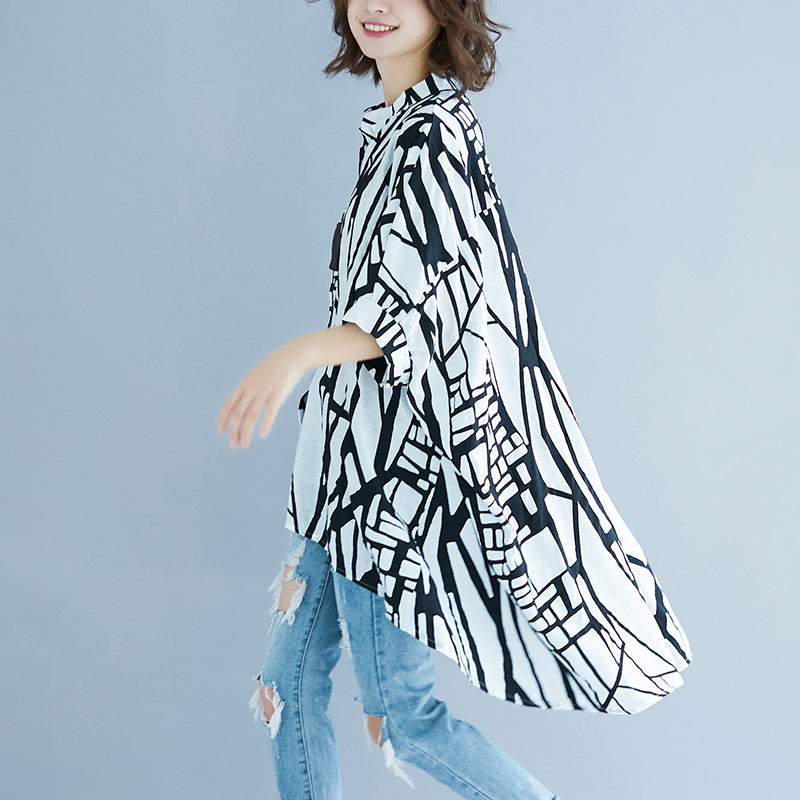 Striped Natural Cotton Linen T Shirt Cardigans Batwing Sleeve Stand Brief T Shirt