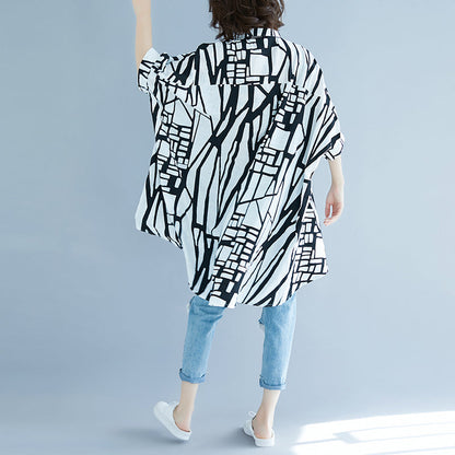 Striped Natural Cotton Linen T Shirt Cardigans Batwing Sleeve Stand Brief T Shirt