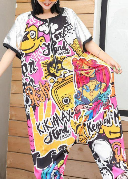 Summer Blended Pants Patchwork Color Short Sleeve Jumpsuit Pants