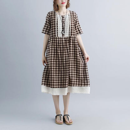 Summer Dresses Lacing Short Sleeve Plaid Pockets Retro Dress