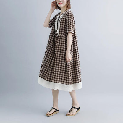 Summer Dresses Lacing Short Sleeve Plaid Pockets Retro Dress