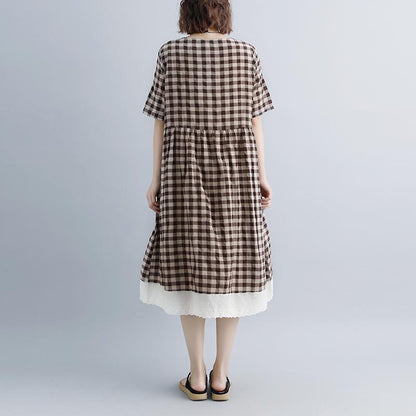 Summer Dresses Lacing Short Sleeve Plaid Pockets Retro Dress