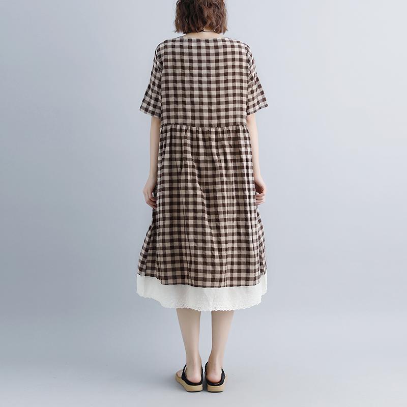 Summer Dresses Lacing Short Sleeve Plaid Pockets Retro Dress