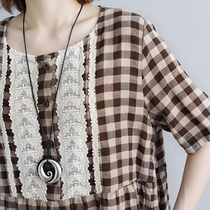 Summer Dresses Lacing Short Sleeve Plaid Pockets Retro Dress