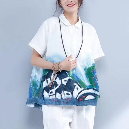 Summer Linen Tops Loose Fitting Printing Linen Loose Pocket White Blouse