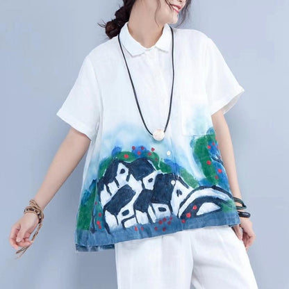 Summer Linen Tops Loose Fitting Printing Linen Loose Pocket White Blouse