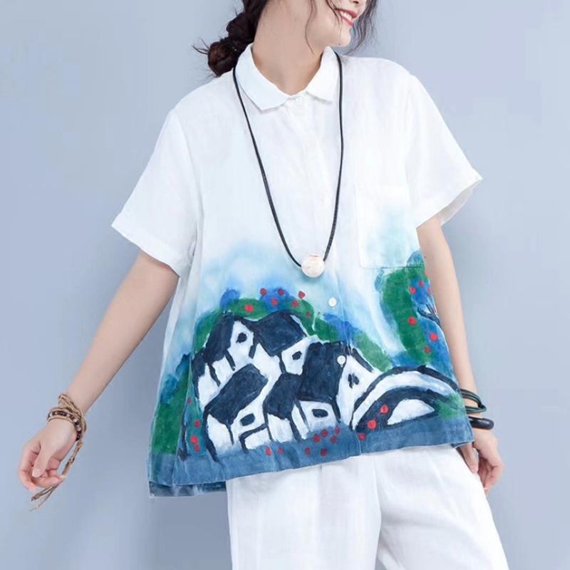 Summer Linen Tops Loose Fitting Printing Linen Loose Pocket White Blouse