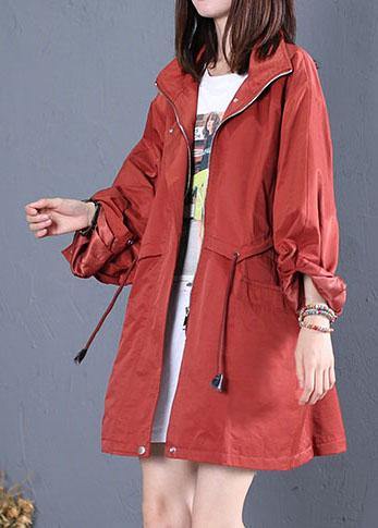 Mid-length Coats Fall Red Drawstring Coats