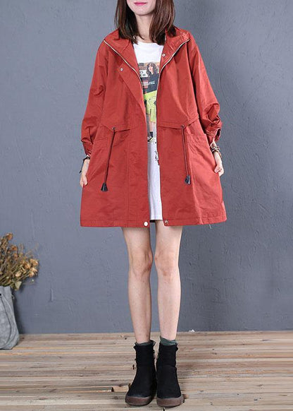 Mid-length Coats Fall Red Drawstring Coats